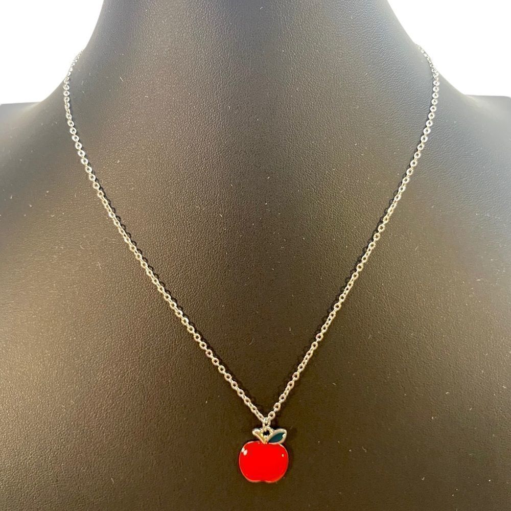 Bright Red Apple Pendant Necklace on cable stainless steel chain.